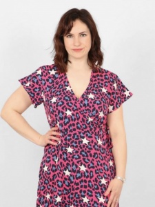 Short Sleeved Leopard Star Wrap Dress - Pink